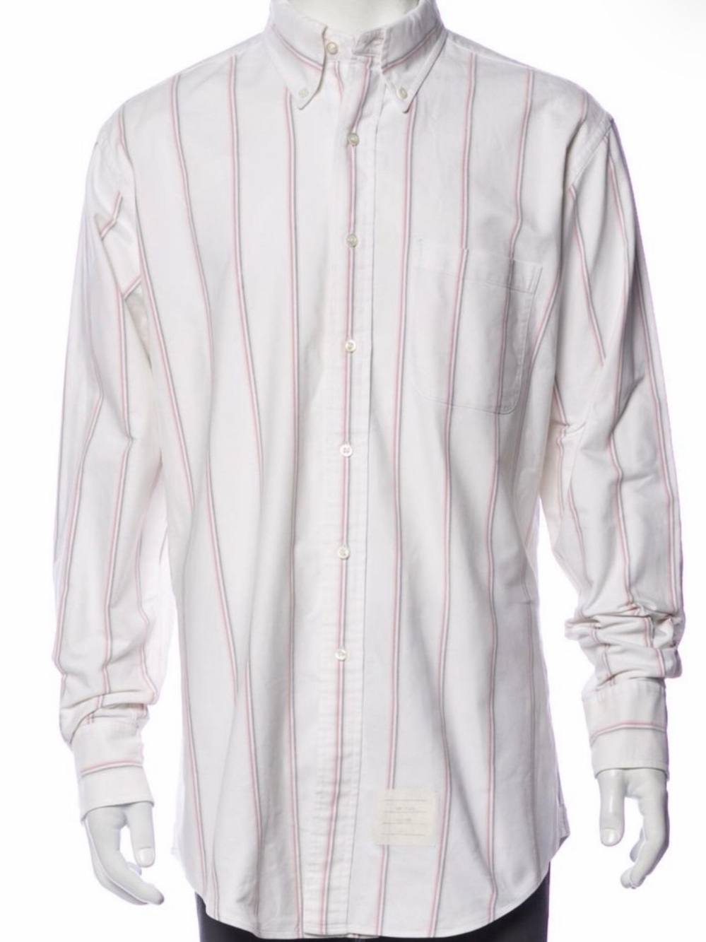 Thom Browne White Button-Down Shirt with Pink Vertical Stripes